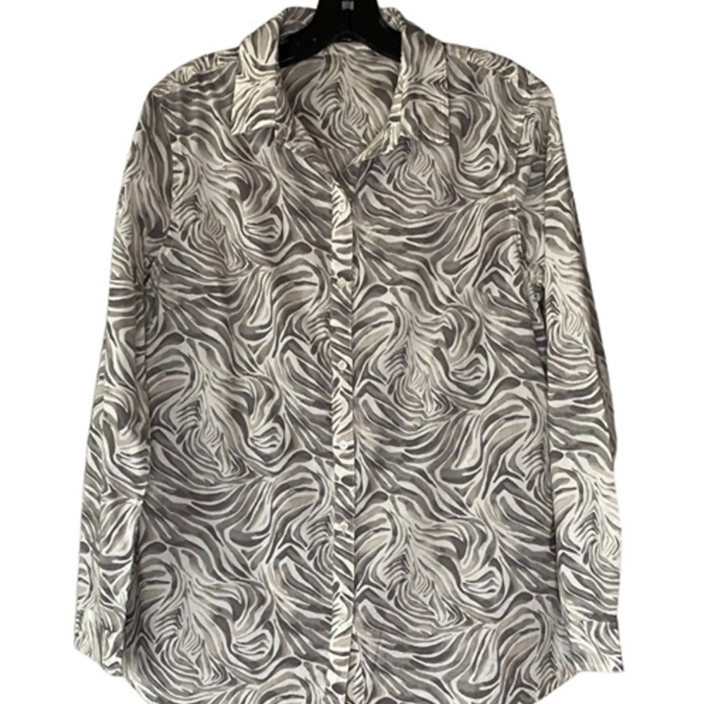 J.McLaughlin XS Shirt Zebra Print Gray & Cream Button Front 100% Cotton Semi Sh.